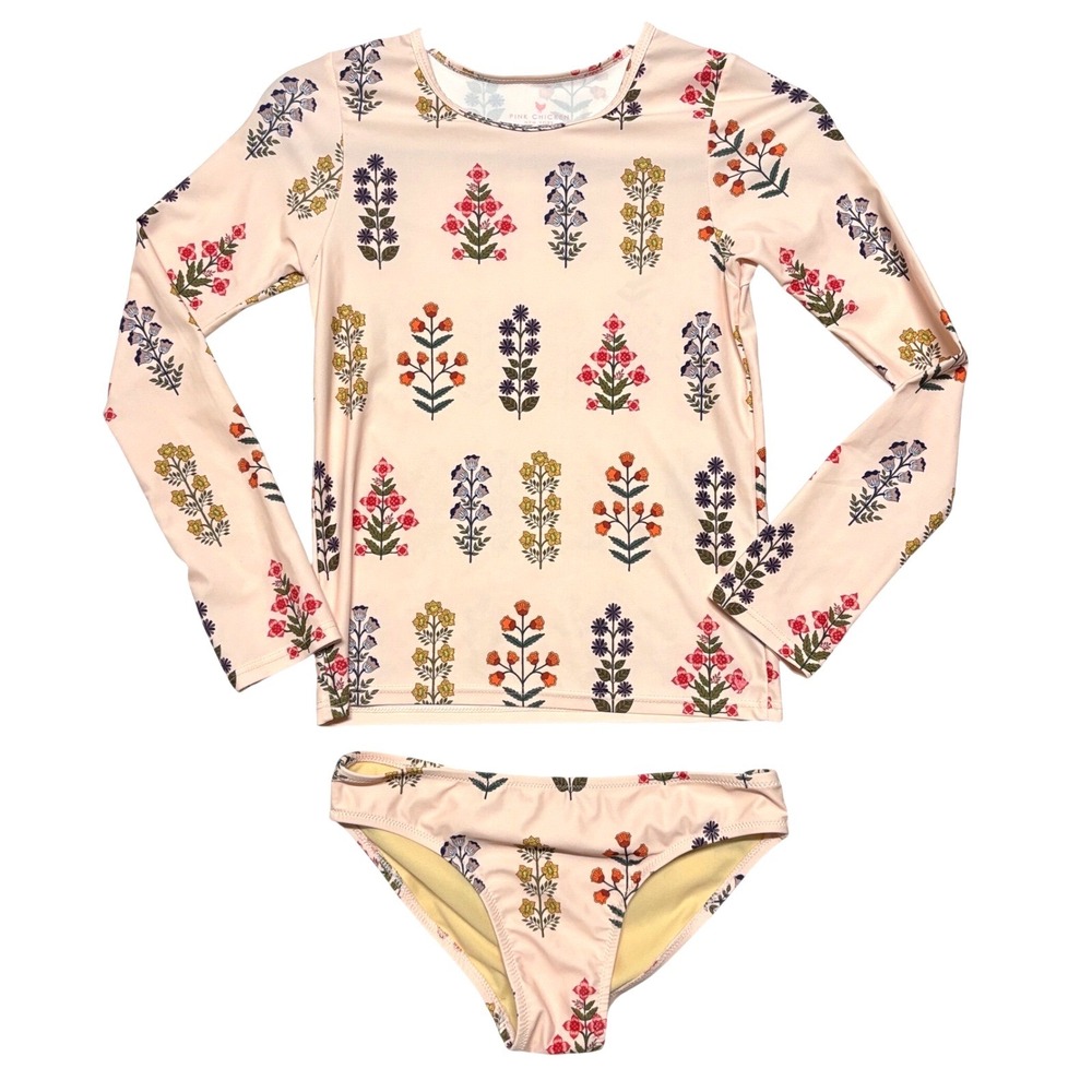 Pink Chicken Girls Swimsuit Set 14Y Pink Floral Rashguard Bikini Bottoms 2pc